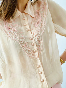 Vintage 1940s silk blouse with pink soutache trim