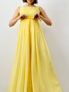 Vintage yellow ruched silk wide leg jumpsuit