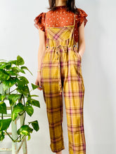 Load image into Gallery viewer, Vintage mustard/rose color plaid cotton overalls
