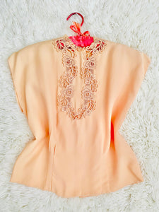 Vintage 1940s peach color rayon top with lace neckline