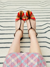Load image into Gallery viewer, model wearing vintage 1930s style velvet NINE WEST shoes and pink plaid skirt 
