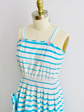 Load image into Gallery viewer, Vintage Blue Striped Dress w Pink Buttons Side Pocket
