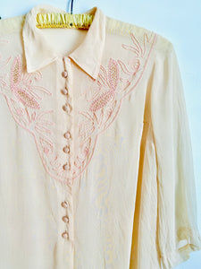 Vintage 1940s silk blouse with pink soutache trim
