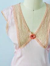 Load image into Gallery viewer, details of a vintage 1930s lingerie dress with ribbon flower and lace 
