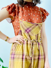 Load image into Gallery viewer, Vintage mustard/rose color plaid cotton overalls
