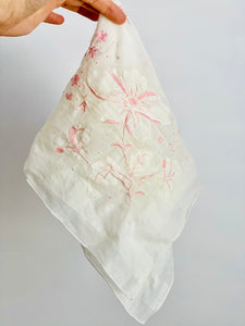 Vintage 1930s white embroidered floral bandana cotton hankie