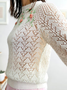 Vintage 1970s white embroidered acrylic sweater
