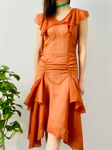 Vintage 1920s orange silk chiffon ruched dress w ribbon bow
