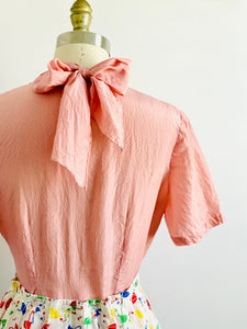 Vintage 1940s Pink Polka Dots Top w Ribbon Ties