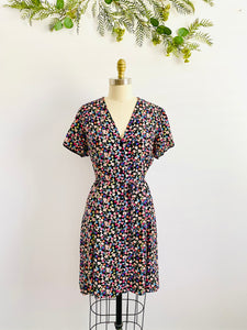 Vintage colorful floral rayon dress w waist ties