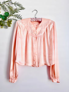 Vintage 1930s pink satin embroidered bed jacket