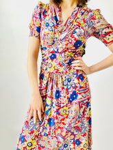 Load image into Gallery viewer, Vintage 1930s rayon jersey floral dress structured shoulders waist ties
