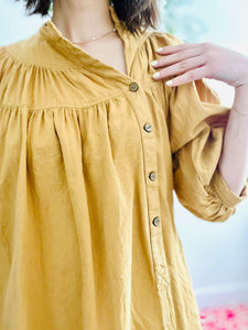 Mustard color ruched mini dress/blouse