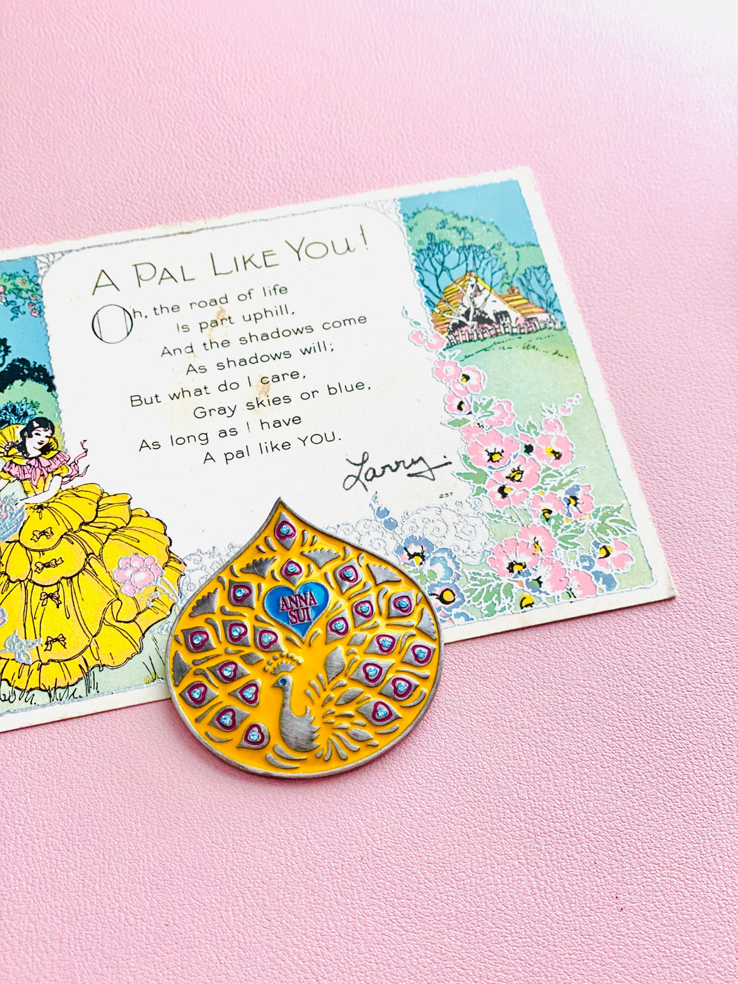 Vintage Anna Sui Peacock Brooch w Rhinestones