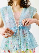 Load image into Gallery viewer, Vintage pastel blue pleated lace top with ribbon ties
