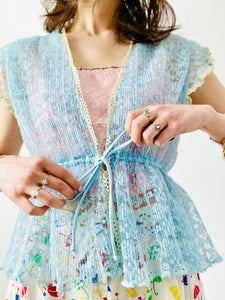 Vintage pastel blue pleated lace top with ribbon ties