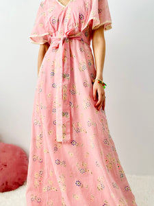 Vintage 1970s dotted pink floral maxi dress