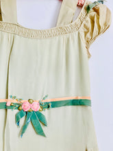 Load image into Gallery viewer, Vintage 1920s Melon Green Silk Dress w Ribbonwork Flowers Velvet Belt
