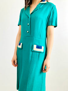 Vintage 1960s emerald green embroidered linen dress