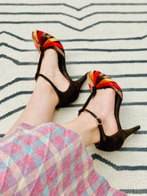 Load image into Gallery viewer, model wearing vintage 1930s style velvet NINE WEST high heels side view suede heels
