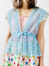 Load image into Gallery viewer, Vintage pastel blue pleated lace top with ribbon ties
