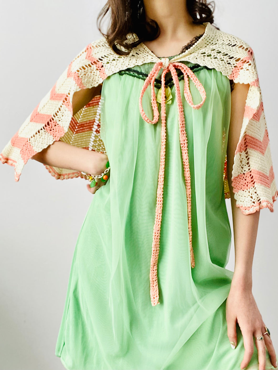 Vintage 1930s crochet lace cape/apron pastel colors