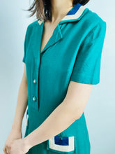 Load image into Gallery viewer, Vintage 1960s emerald green embroidered linen dress
