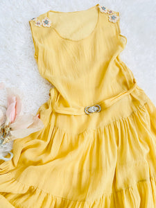 1920s Yellow Silk Flapper Dress w Art Deco Buckle Beaded Flowers