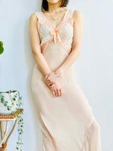 Load image into Gallery viewer, 1930s Peach Color Bias Cut Lingerie Gown with Eyelet Lace Ribbon Bow
