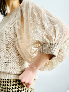 Vintage ivory blouse with lace balloon sleeves