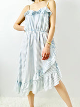 Load image into Gallery viewer, Vintage pastel blue striped asymmetrical ruffled dress
