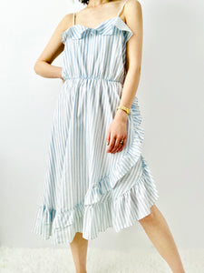 Vintage pastel blue striped asymmetrical ruffled dress
