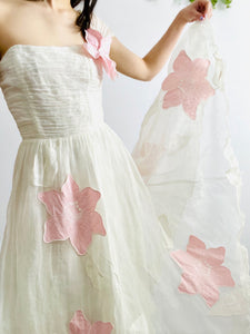 Vintage Late 1940s white organza dress with pink embroidered flowers