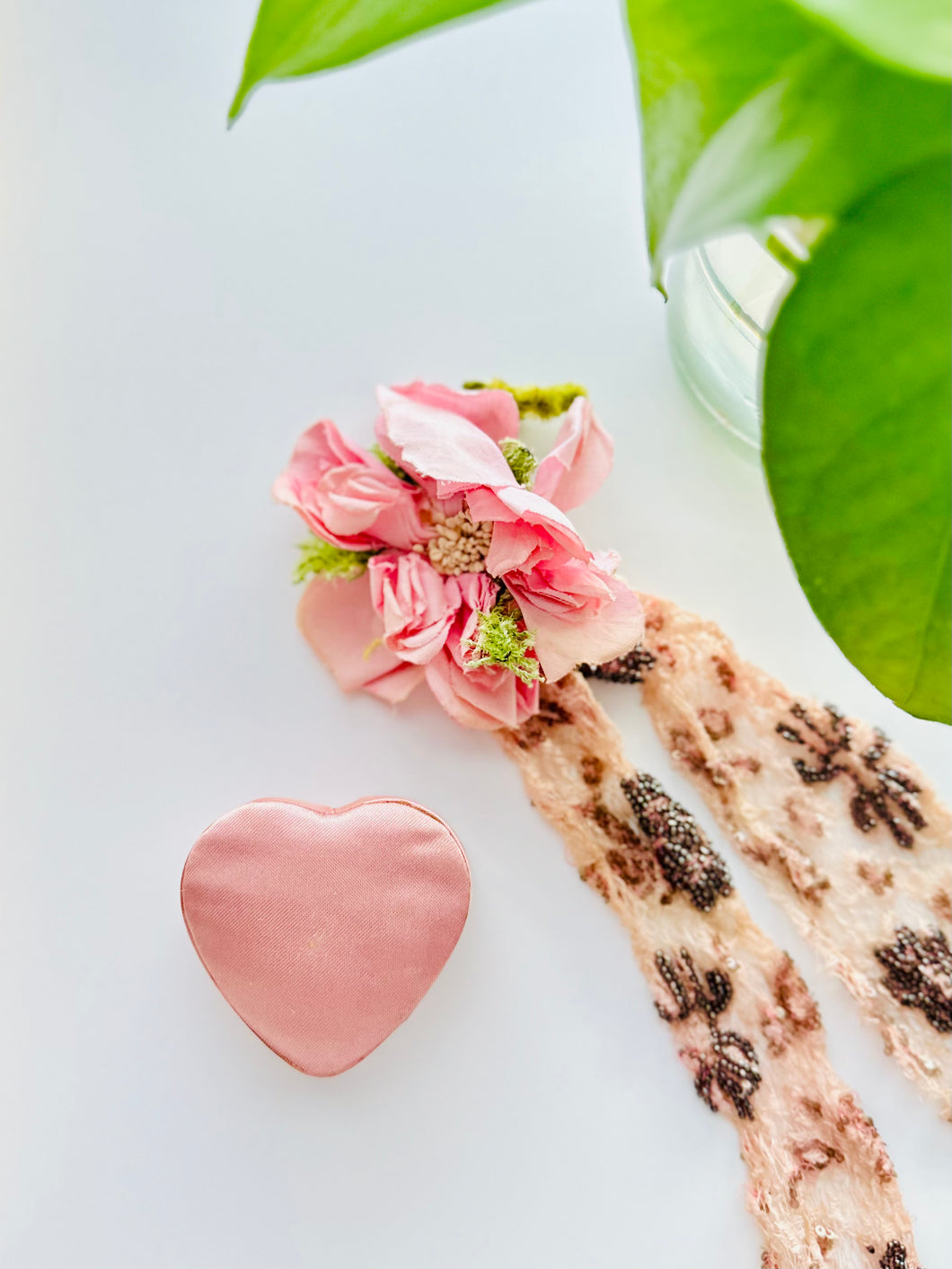 Vintage pink satin heart shaped jewelry box