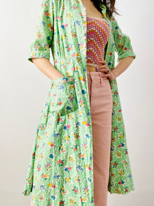 Vintage 1940s green floral duster dress coat with pink buttons