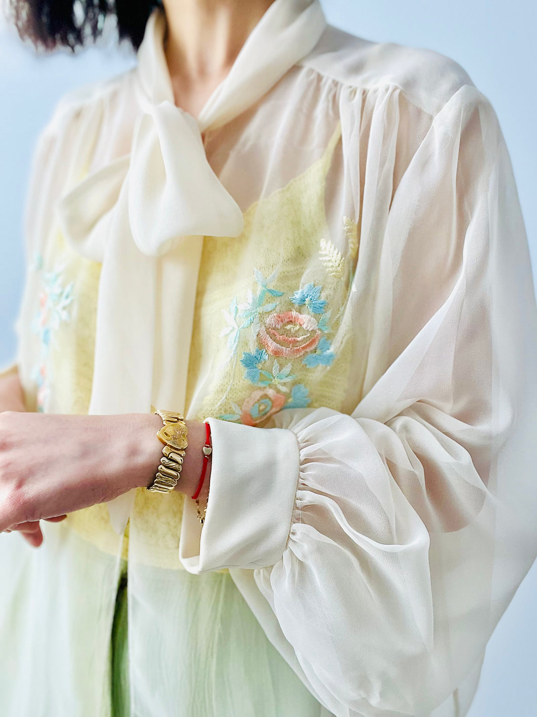 Vintage cream sheer embroidered blouse