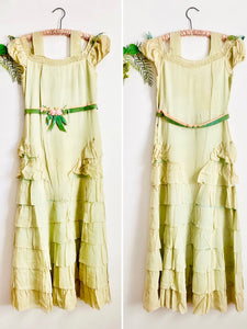 Vintage 1920s Melon Green Silk Dress w Ribbonwork Flowers Velvet Belt
