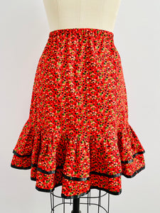 Vintage Red Floral Skirt Ruffled Flounce