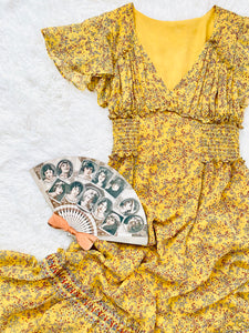 Dreamy yellow floral ruched midi dress
