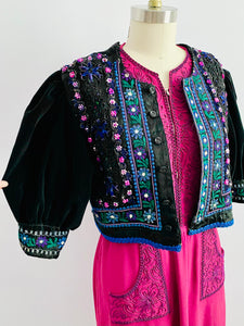 Vintage Colorful Beaded Embroidered Jacket with Velvet Balloon Sleeves