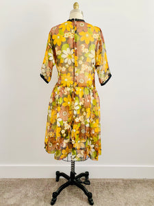 1950s Semi Sheer Yellow Daisy Print Dress Ribbon Neckline