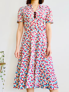 1930s Berry Print Novelty Print Dress w Celluloid Buttons