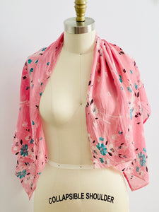 vintage 1930s pink floral silk scarf display on mannequin