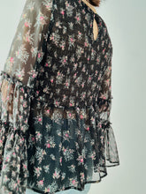 Load image into Gallery viewer, Black floral blouse with bell sleeves
