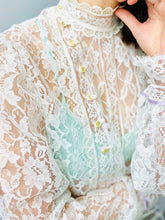 Load image into Gallery viewer, Vintage 1970s Lace Blouse Victorian Style w Balloon Sleeves
