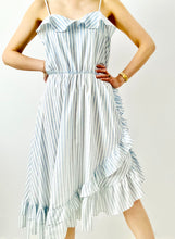 Load image into Gallery viewer, Vintage pastel blue striped asymmetrical ruffled dress
