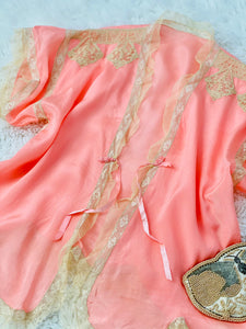 1920s Pink Silk Lace Bed Jacket with Ribbon Ties Lingerie Top