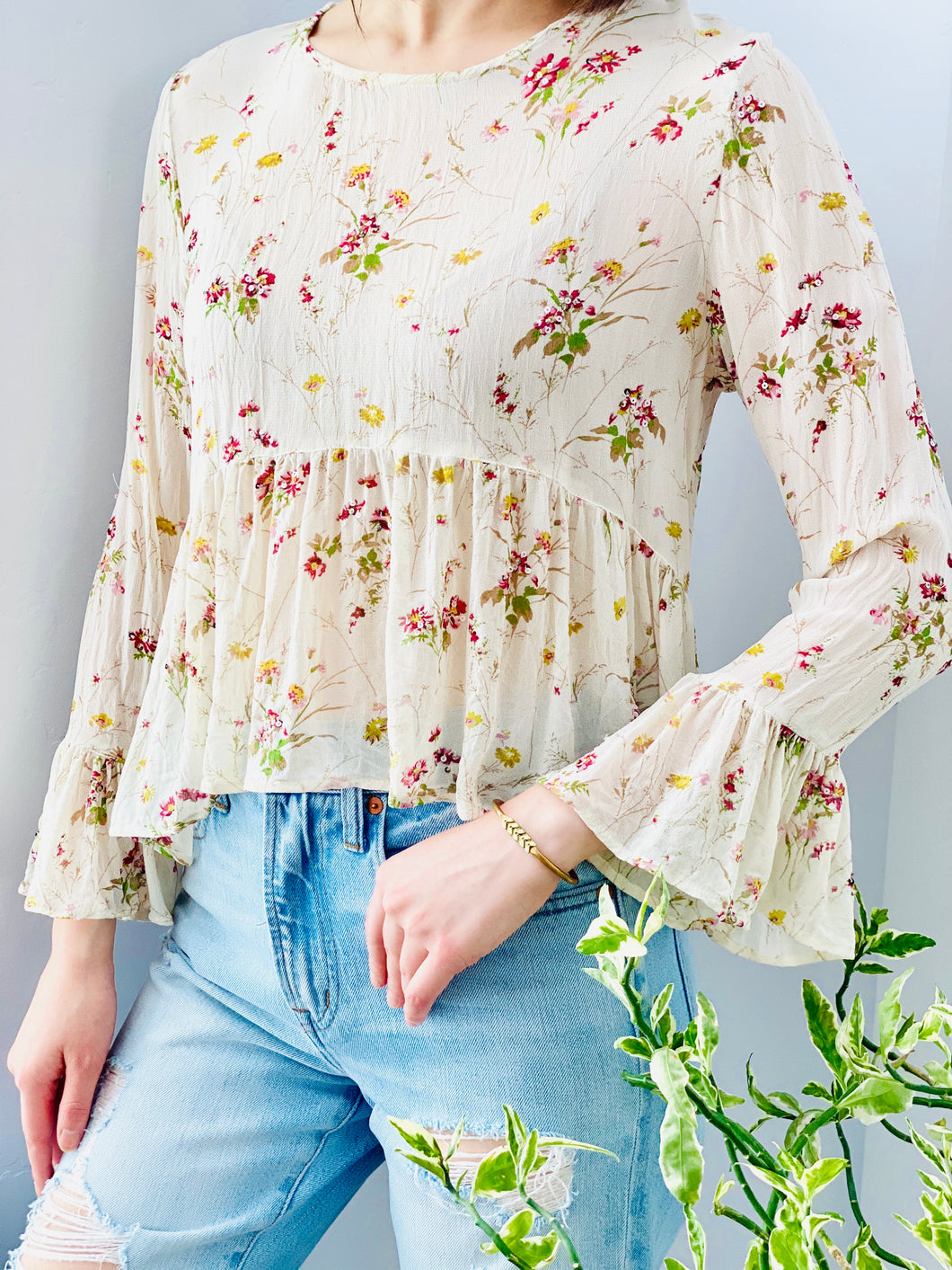 Vintage style floral print silk top with beaded sequins