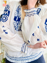 Load image into Gallery viewer, Vintage 1930s Hungarian top blue embroidered cotton peasant blouse
