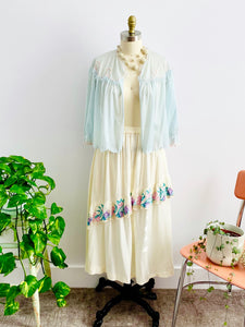 Vintage 1930s Pastel Blue Bed Jacket and Embroidered Skirt display on Mannequin
